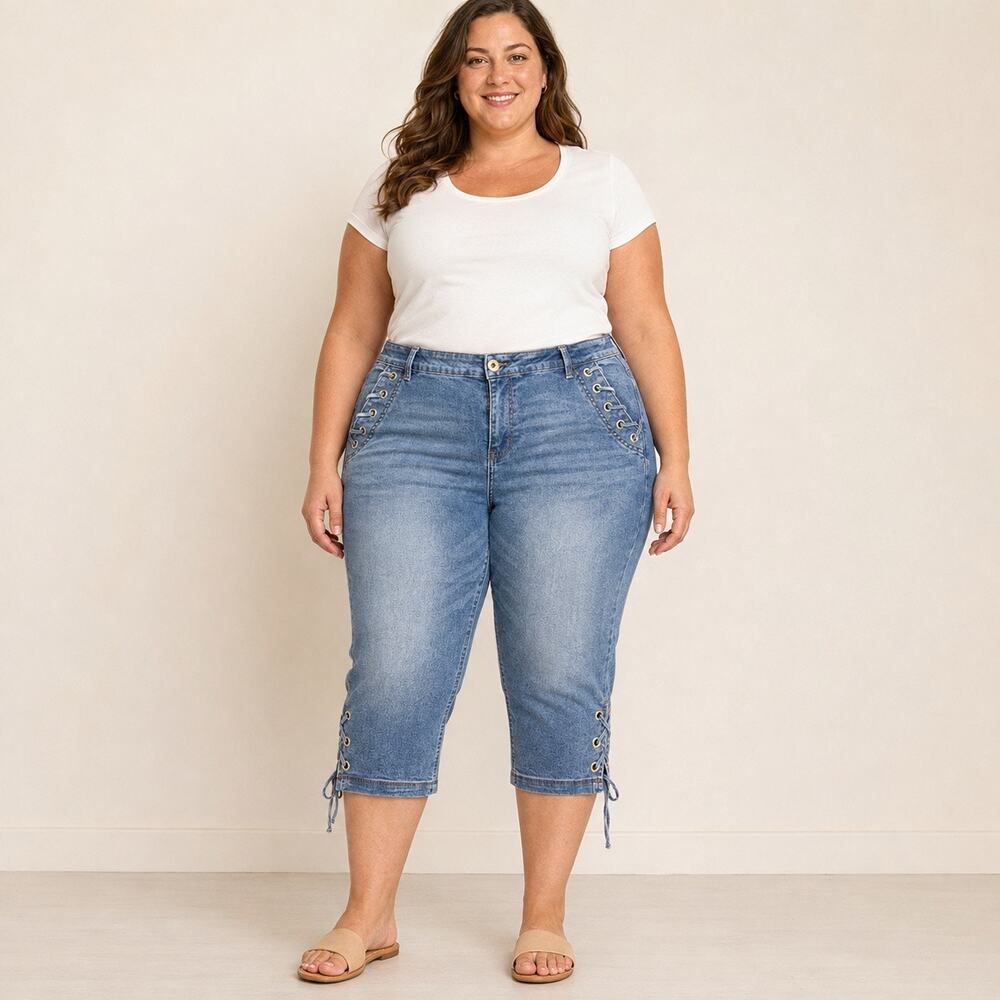 Sandpiper 22W Lace-Up Stretch Denim Capri Jeans